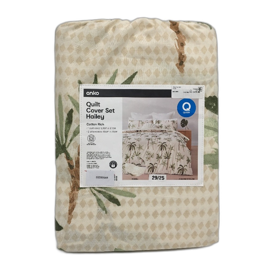 Hailey Easy Care Palm Tree Reversible Cotton Rich Quilt Cover Set QUEEN NEW
