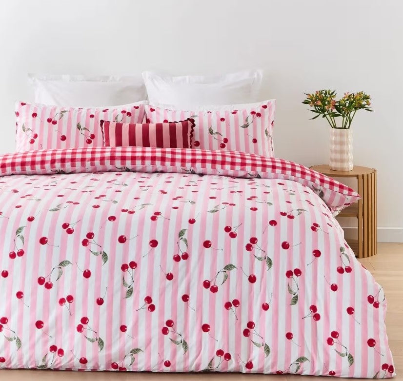 Easy Care Cherry & Striped Pink Reversible Cotton Rich Quilt Cover Set QUEEN NEW
