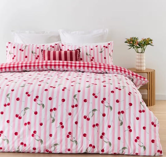 Easy Care Cherry & Striped Pink Reversible Cotton Rich Quilt Cover Set QUEEN NEW