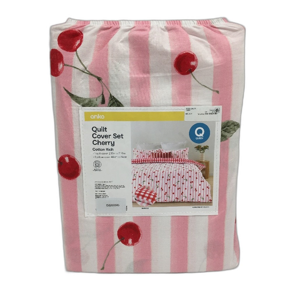 Easy Care Cherry & Striped Pink Reversible Cotton Rich Quilt Cover Set QUEEN NEW