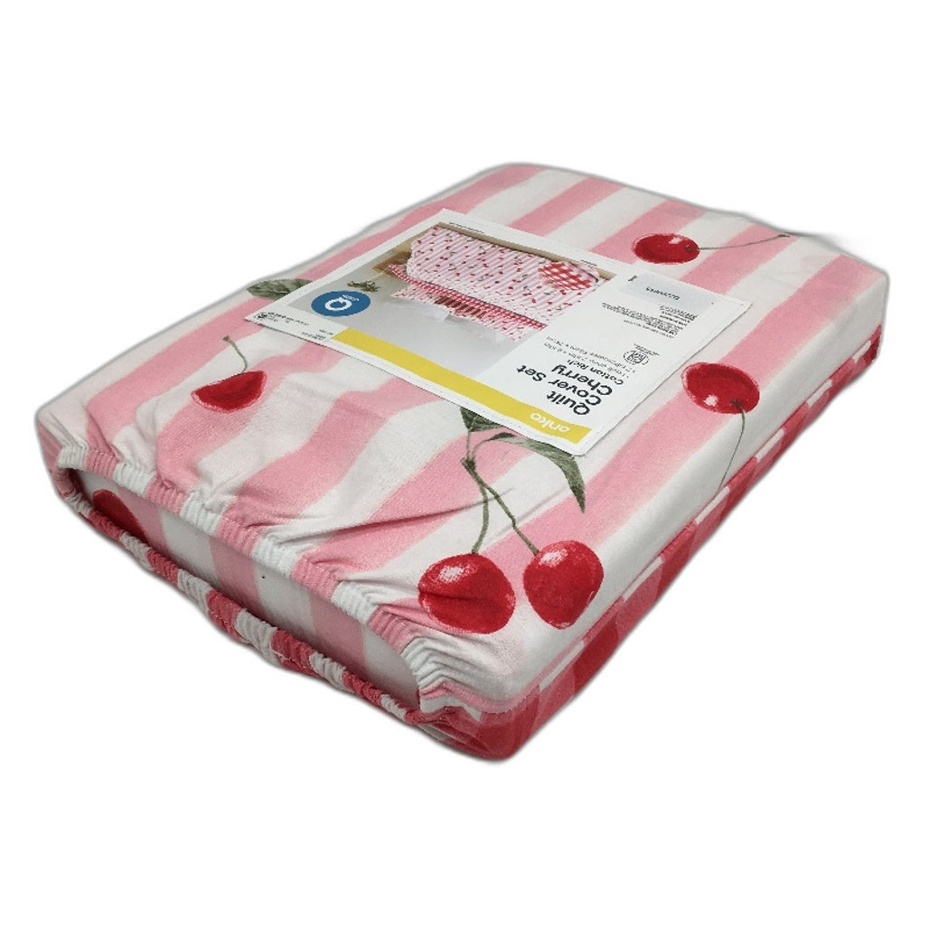 Easy Care Cherry & Striped Pink Reversible Cotton Rich Quilt Cover Set QUEEN NEW