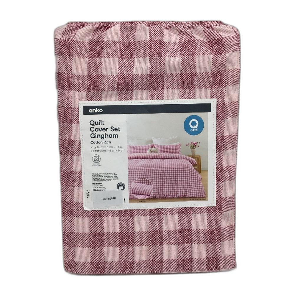 Easy Care Gingham Striped Pink Reversible Cotton Rich Quilt Cover Set QUEEN NEW