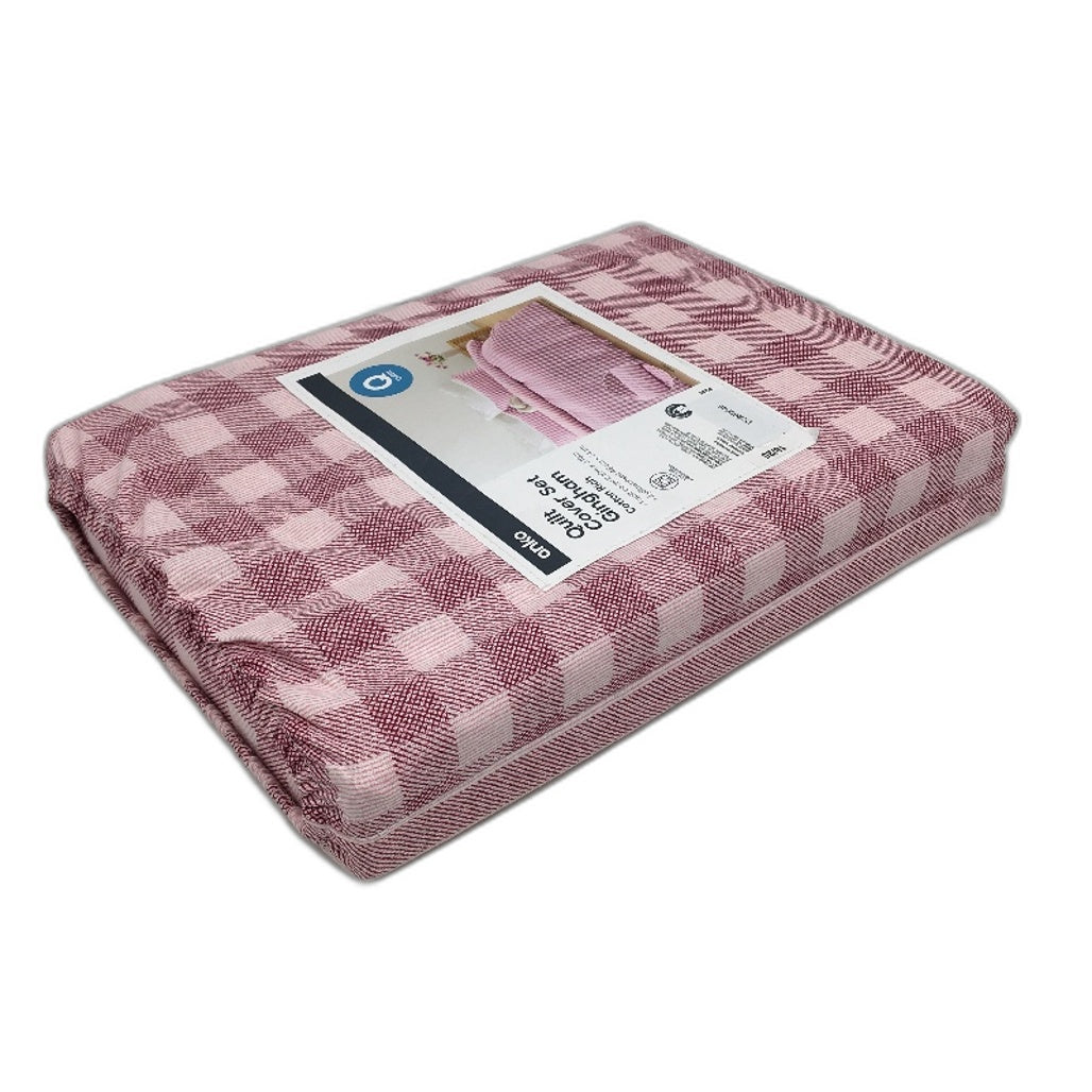 Easy Care Gingham Striped Pink Reversible Cotton Rich Quilt Cover Set QUEEN NEW
