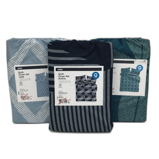 3 Pack Blue Teal Patterned Easy Care Soft Touch Quilt Cover Sets QUEEN NEW