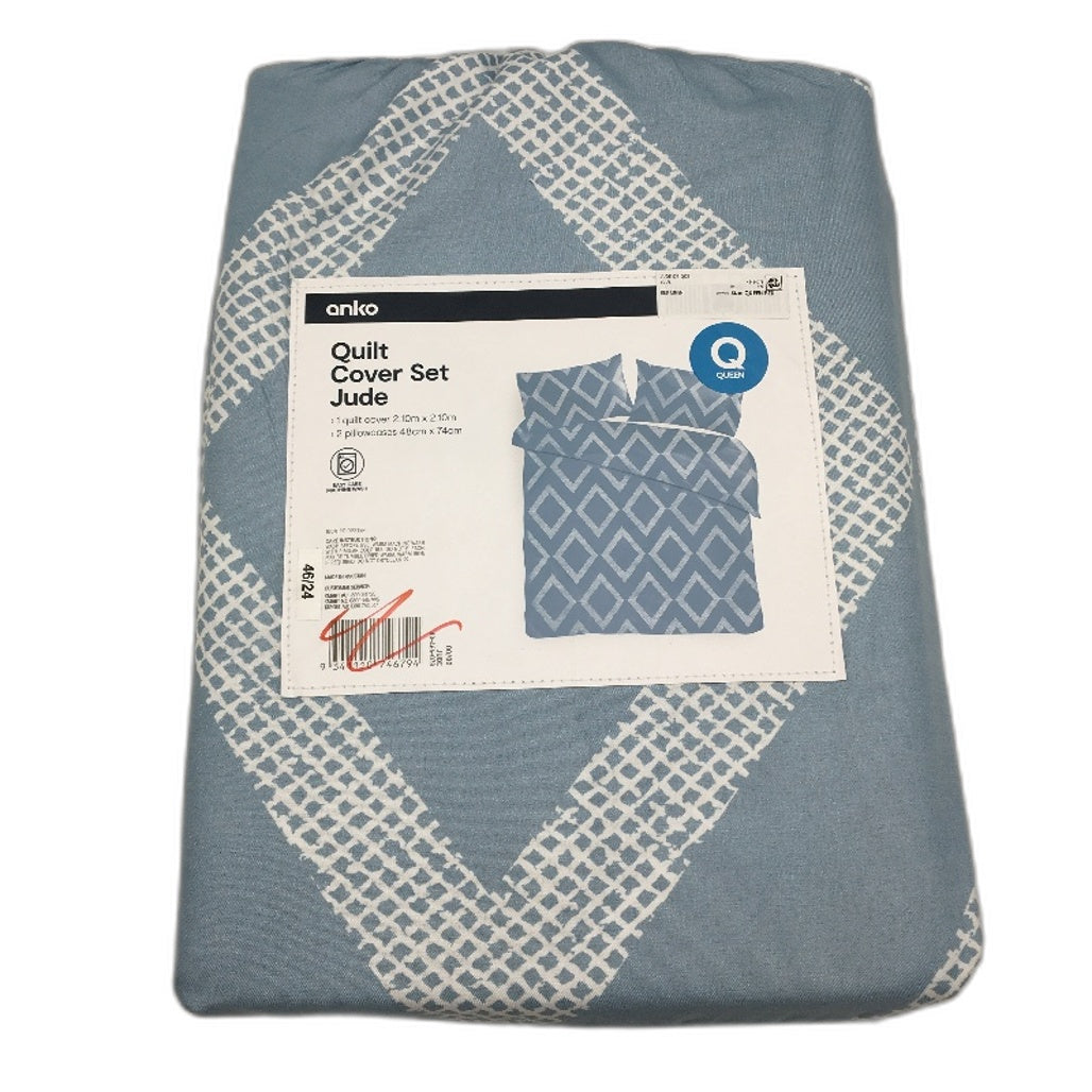 3 Pack Blue Teal Patterned Easy Care Soft Touch Quilt Cover Sets QUEEN NEW