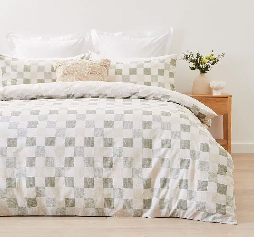 Remy Easy Care Green Check Reversible Cotton Rich Quilt Cover Set QUEEN NEW