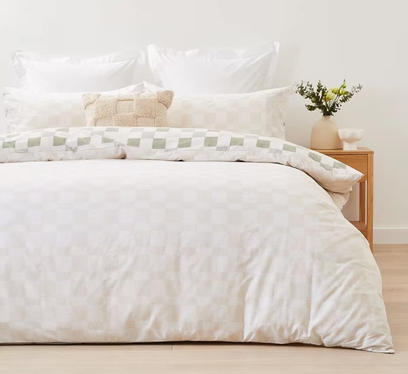 Remy Easy Care Green Check Reversible Cotton Rich Quilt Cover Set QUEEN NEW