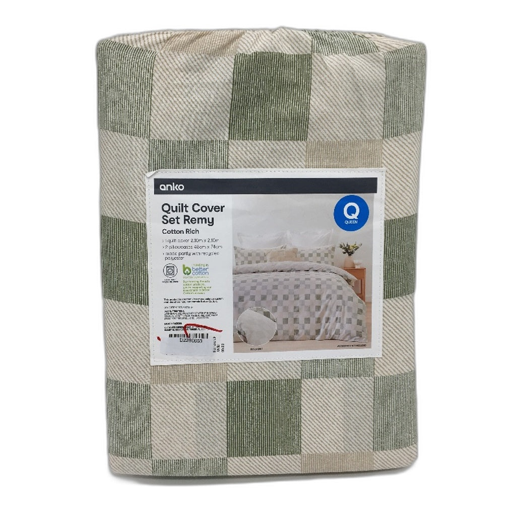 Remy Easy Care Green Check Reversible Cotton Rich Quilt Cover Set QUEEN NEW