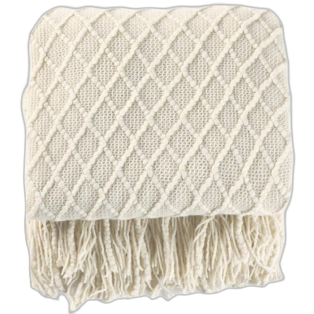 Knitted Beige Bed Runner Tassel Textured Woven Throw Blanket 150cm x 164cm