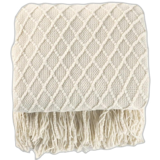 Knitted Beige Bed Runner Tassel Textured Woven Throw Blanket 150cm x 164cm