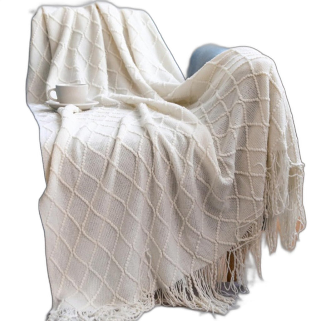 Knitted Beige Bed Runner Tassel Textured Woven Throw Blanket 150cm x 164cm