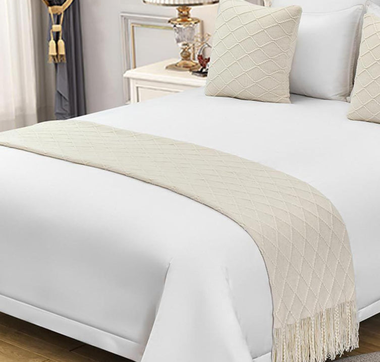 Knitted Beige Bed Runner Tassel Textured Woven Throw Blanket 150cm x 164cm