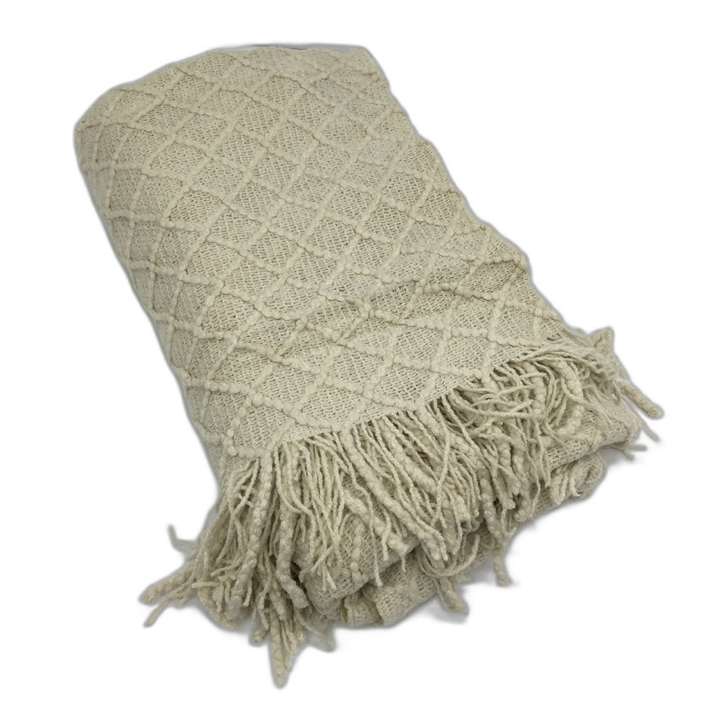 Knitted Beige Bed Runner Tassel Textured Woven Throw Blanket 150cm x 164cm