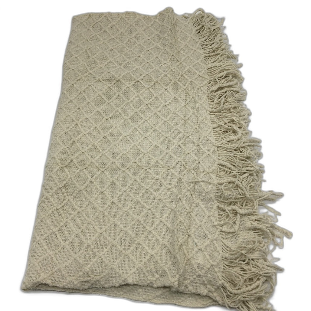 Knitted Beige Bed Runner Tassel Textured Woven Throw Blanket 150cm x 164cm