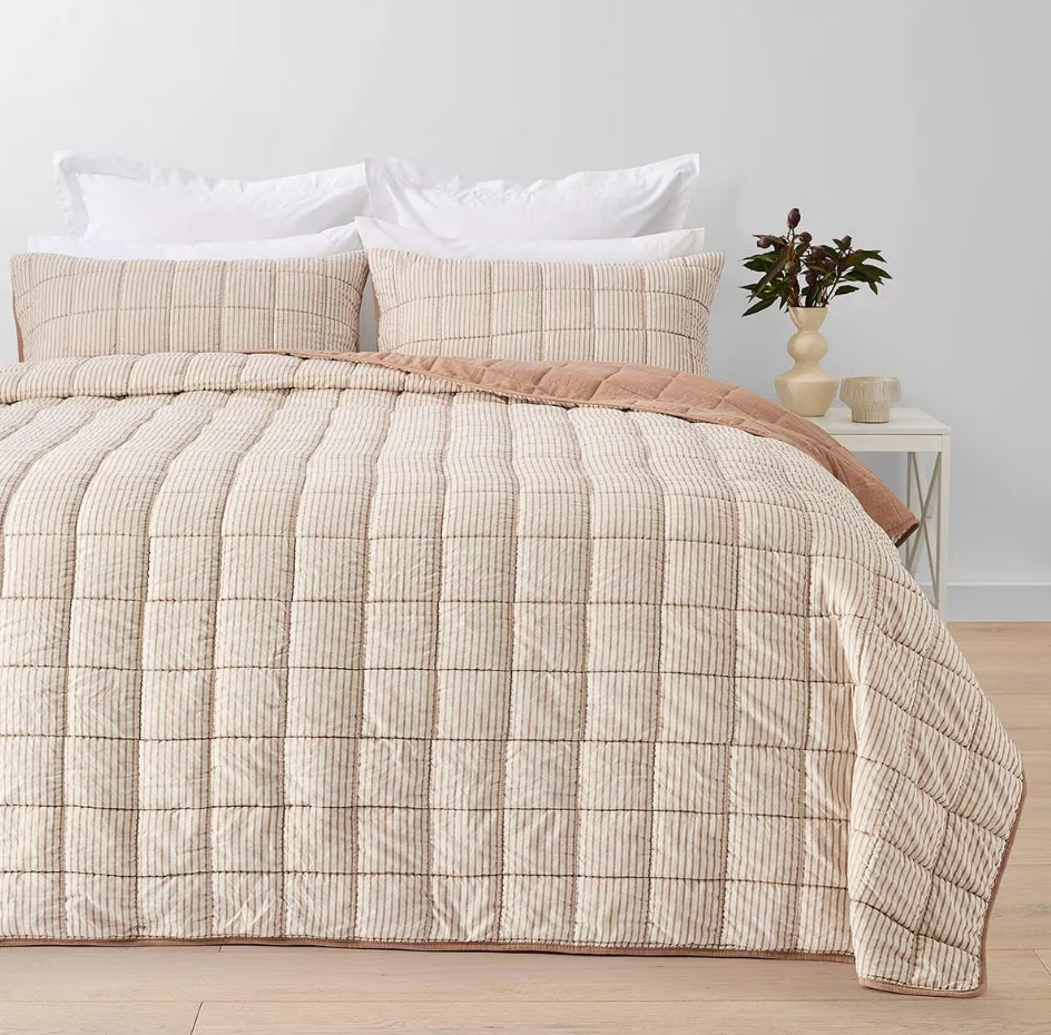 Quilted Coverlet Set Reversible Orange & White Striped Doona Cover Set QUEEN