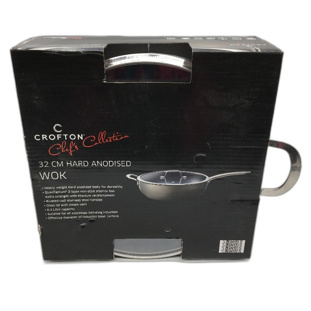 Crofton Chefs Collection 32CM Hard Anodised Non Stick Wok Frying Pan W Lid NEW