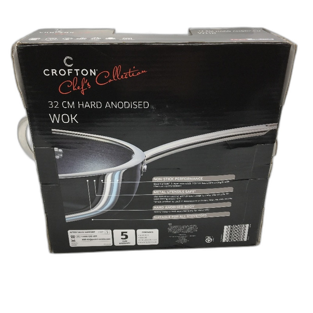 Crofton Chefs Collection 32CM Hard Anodised Non Stick Wok Frying Pan W Lid NEW