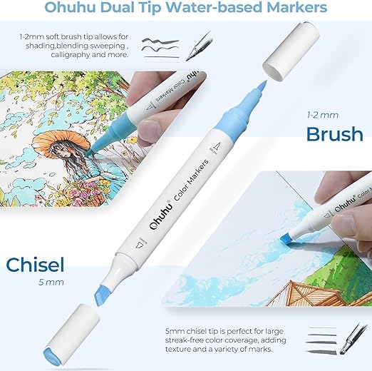 Ohuhu Dual Tip Markers 64 Colours Water Based Brush & Chisel Colouring Pens NEW