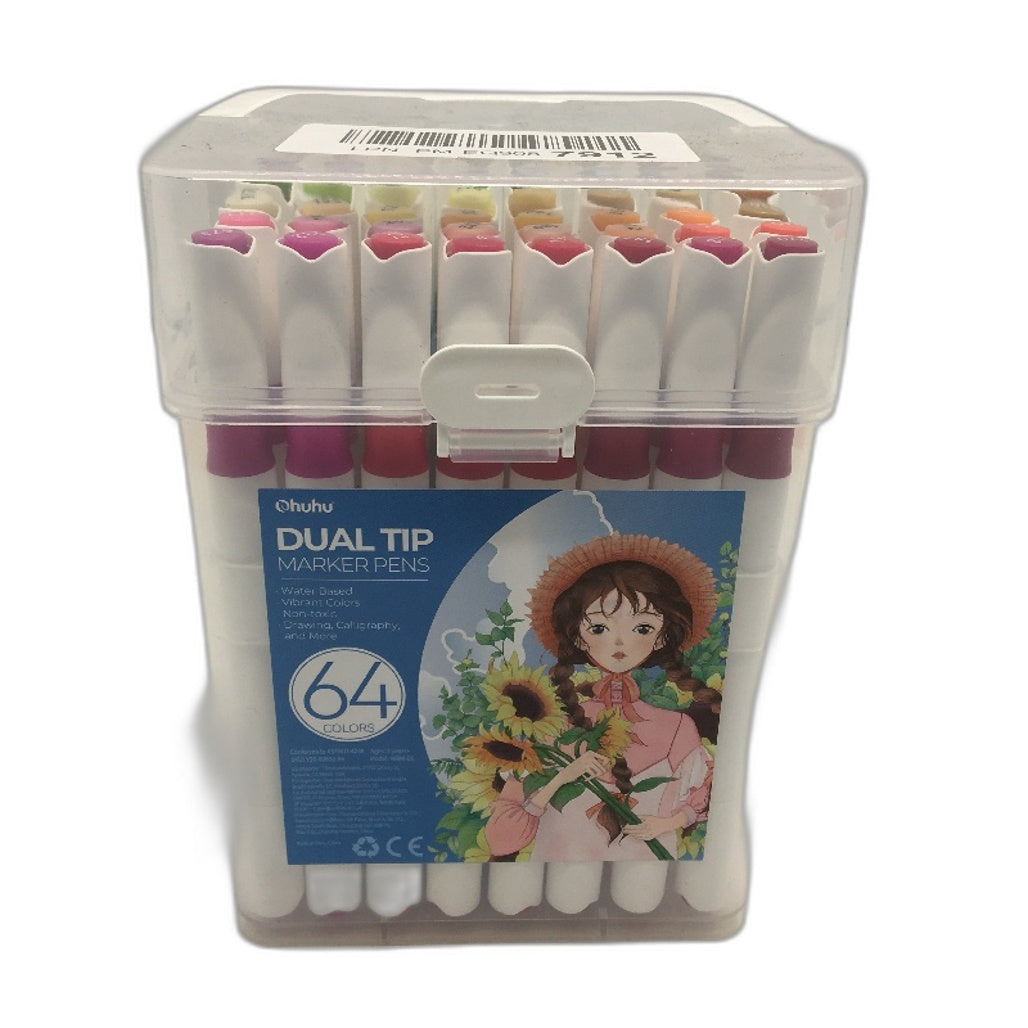 Ohuhu Dual Tip Markers 64 Colours Water Based Brush & Chisel Colouring Pens NEW