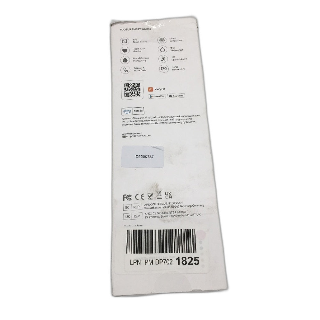 TOOBUR Smart Watch Built In Alexa Touch Screen IP68 Waterproof Blood Oxygen NEW