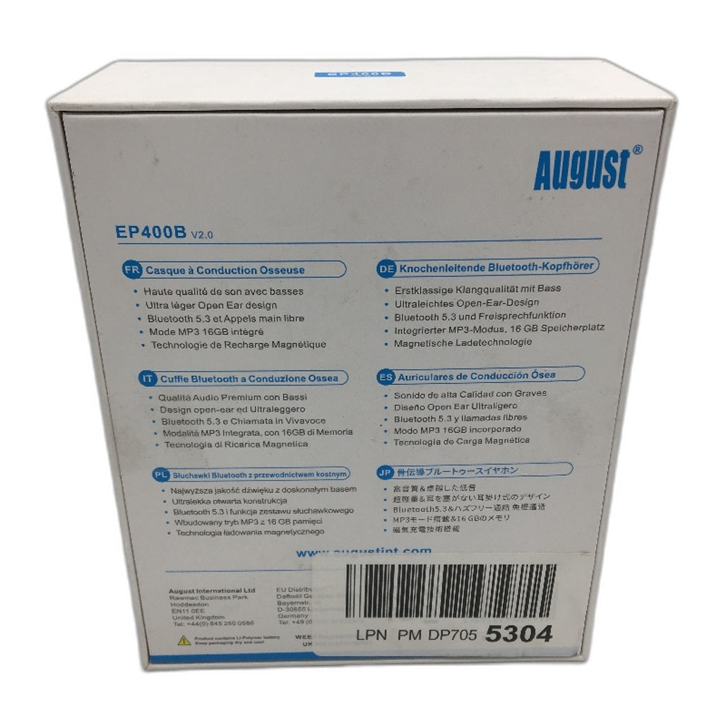 August EP400B Bone Conduction Bluetooth 5.3 Headphones Lightweight Wireless NEW