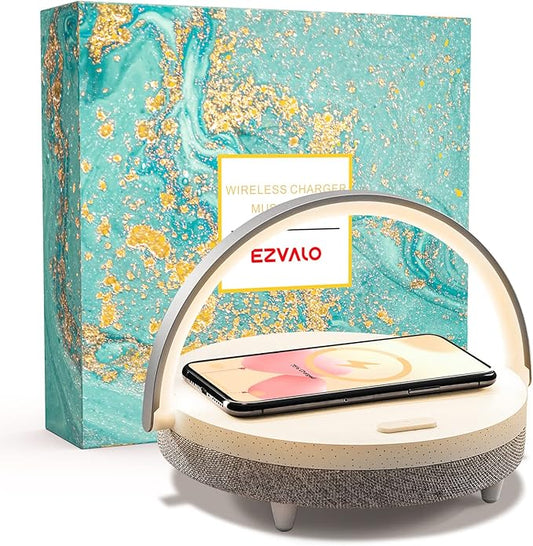 EZVALO Wireless Charger Bluetooth Speaker Lamp Dimmable LED Night Light Gift NEW