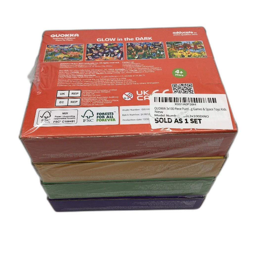 QUOKKA 4x100PCS Glow In The Dark Puzzle Learn Space Dinosaur Animals Age 4Y+ NEW