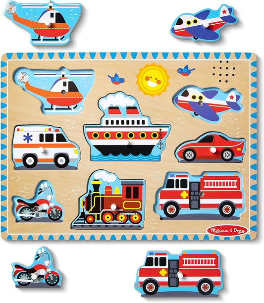 Melissa&Doug Vehicles Wooden Peg Sound Puzzle 8 PCS Matching Learning Age 2+ NEW