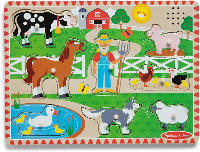 Melissa&Doug Farm Wooden Peg Sound Puzzle 8 PCS Matching Learning Age 2+ NEW