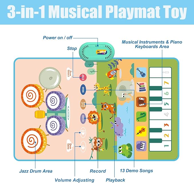 Kids Musical Toy 3 In 1 Piano Animal Sounds Drum Mat Sensory Learning Age 3+ NEW