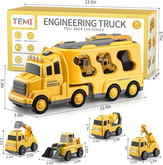 TEMI 5 In 1 Engineering Construction Truck Vehicle Toy Excavator Crane Age3+ NEW