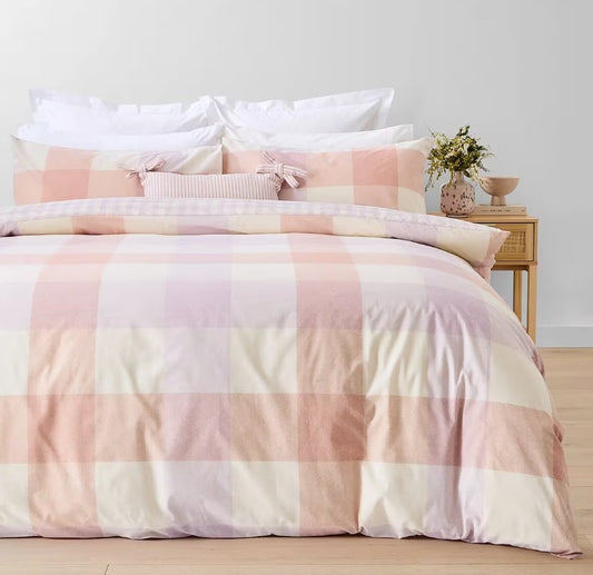 Millie Easy Care Large Check Reversible Cotton Rich Quilt Cover Set QUEEN NEW