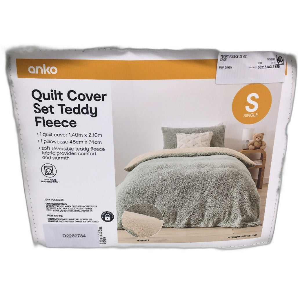 Soft Touch Teddy Fleece Moss Green & White Fluffy Quilt Cover Set SINGLE Bed NEW