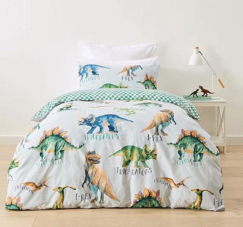 Dinosaur Cotton Rich Green Check Reversible Quilt Cover Set SINGLE Bed NEW