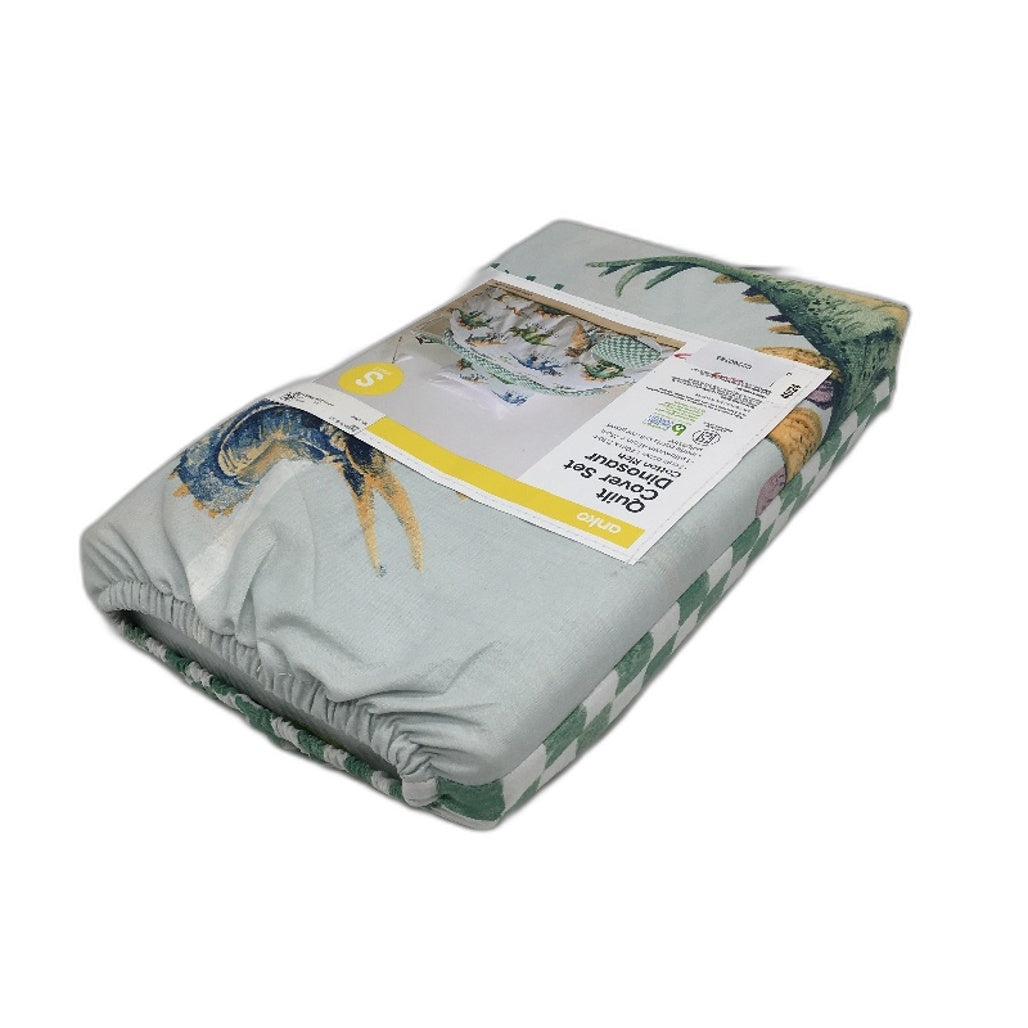 Dinosaur Cotton Rich Green Check Reversible Quilt Cover Set SINGLE Bed NEW