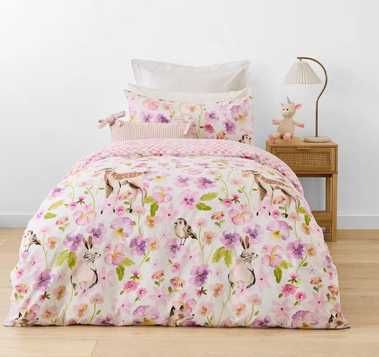 Fawn Cotton Rich Pink Floral & Check Reversible Quilt Cover Set SINGLE Bed NEW