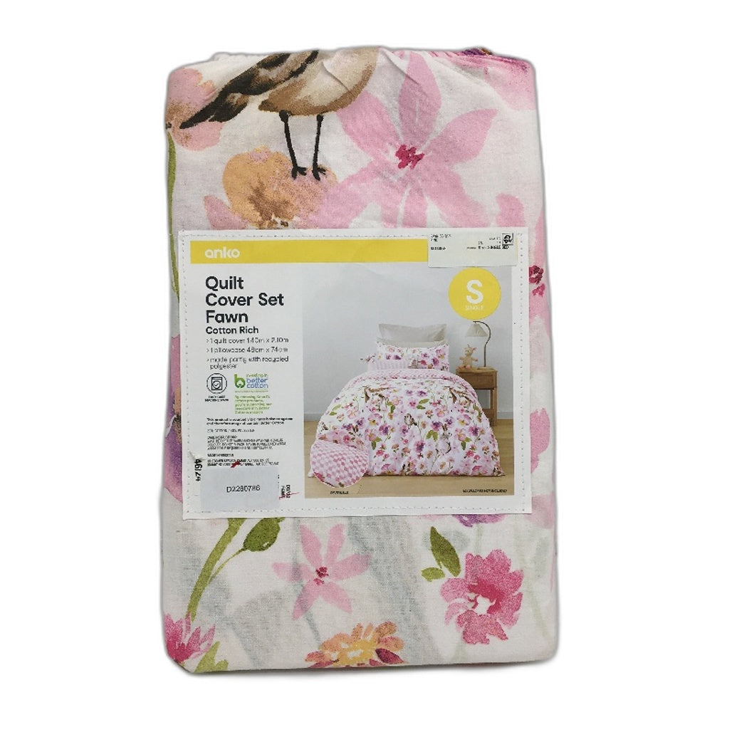 Fawn Cotton Rich Pink Floral & Check Reversible Quilt Cover Set SINGLE Bed NEW