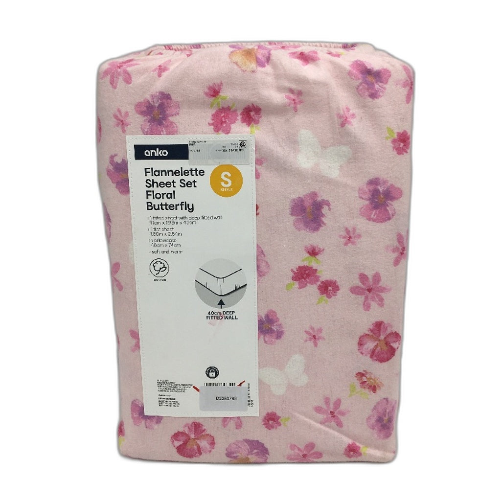 Soft Touch & Warm Flannelette Floral Butterfly Pink Sheet Set SINGLE Bed NEW