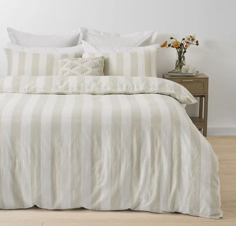 Stripe Linen Cotton Natural Stripe Coconut Button Quilt Cover Set QUEEN NEW