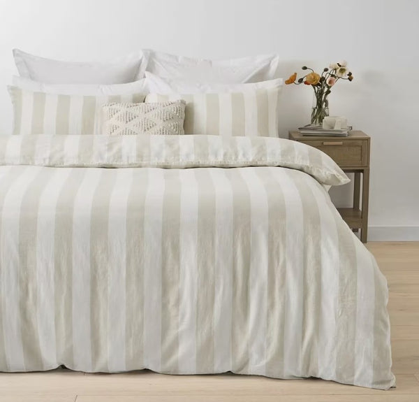 Stripe Linen Cotton Natural Stripe Coconut Button Quilt Cover Set QUEEN NEW