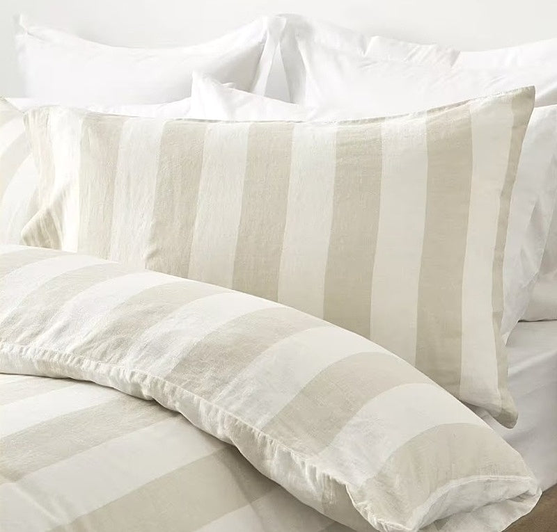 Stripe Linen Cotton Natural Stripe Coconut Button Quilt Cover Set QUEEN NEW