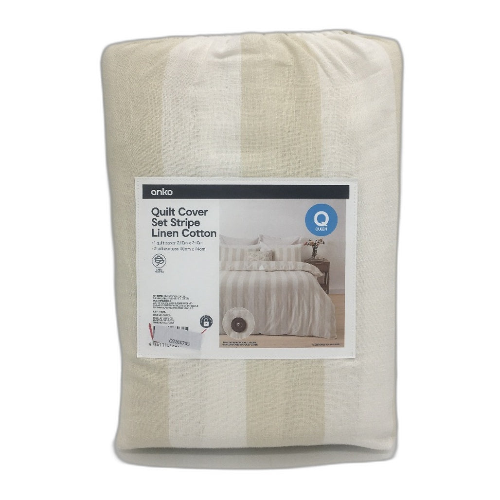 Stripe Linen Cotton Natural Stripe Coconut Button Quilt Cover Set QUEEN NEW