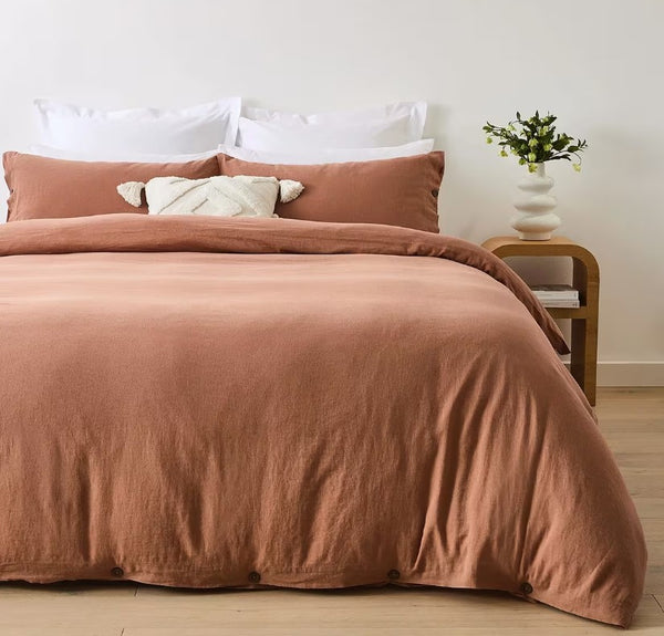 Cayden Linen Cotton Tan Rust Coconut Button Quilt Cover Set QUEEN NEW