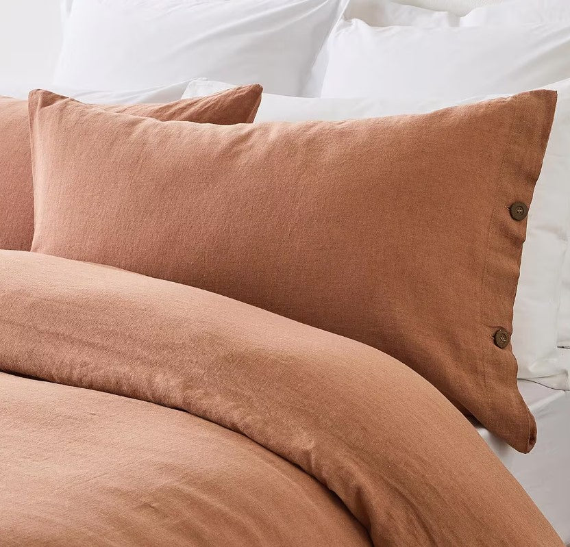 Cayden Linen Cotton Tan Rust Coconut Button Quilt Cover Set QUEEN NEW