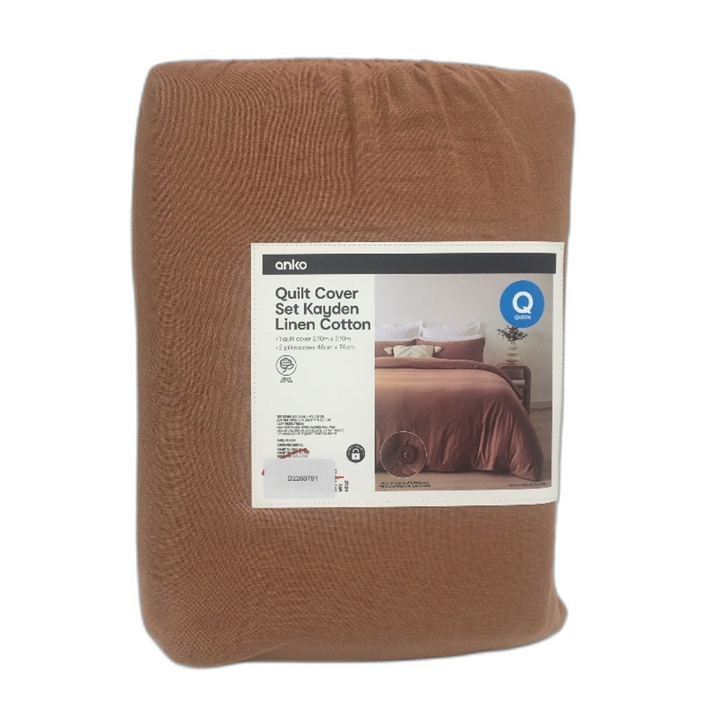 Cayden Linen Cotton Tan Rust Coconut Button Quilt Cover Set QUEEN NEW