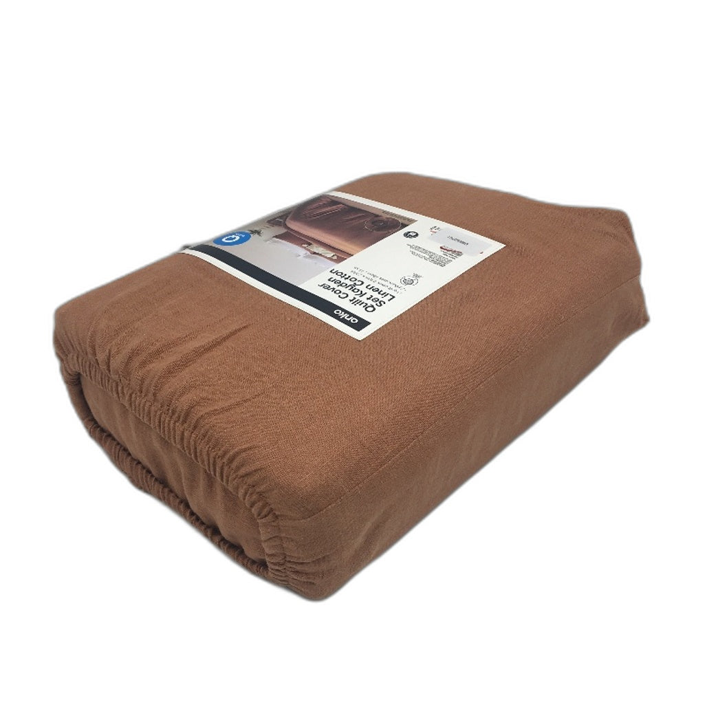 Cayden Linen Cotton Tan Rust Coconut Button Quilt Cover Set QUEEN NEW