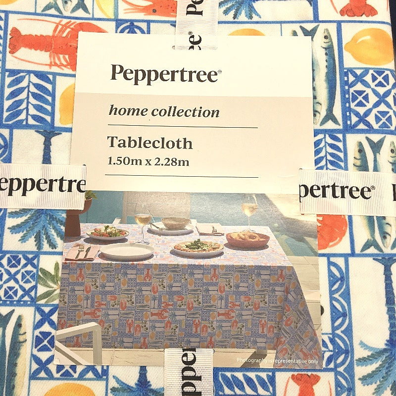 Peppertree Blue Colourful Market Fresh Food Theme Tablecloth & 4 Pot Holders NEW