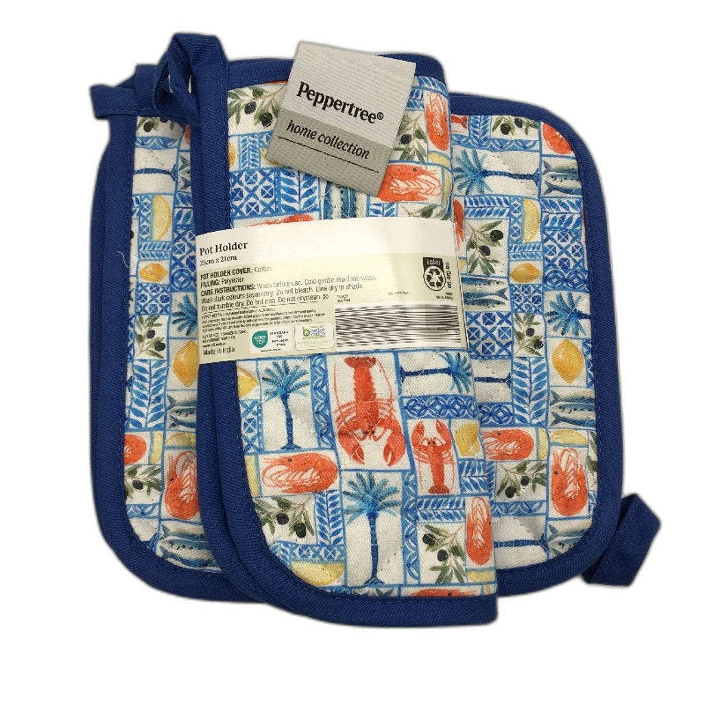 Peppertree Blue Colourful Market Fresh Food Theme Tablecloth & 4 Pot Holders NEW