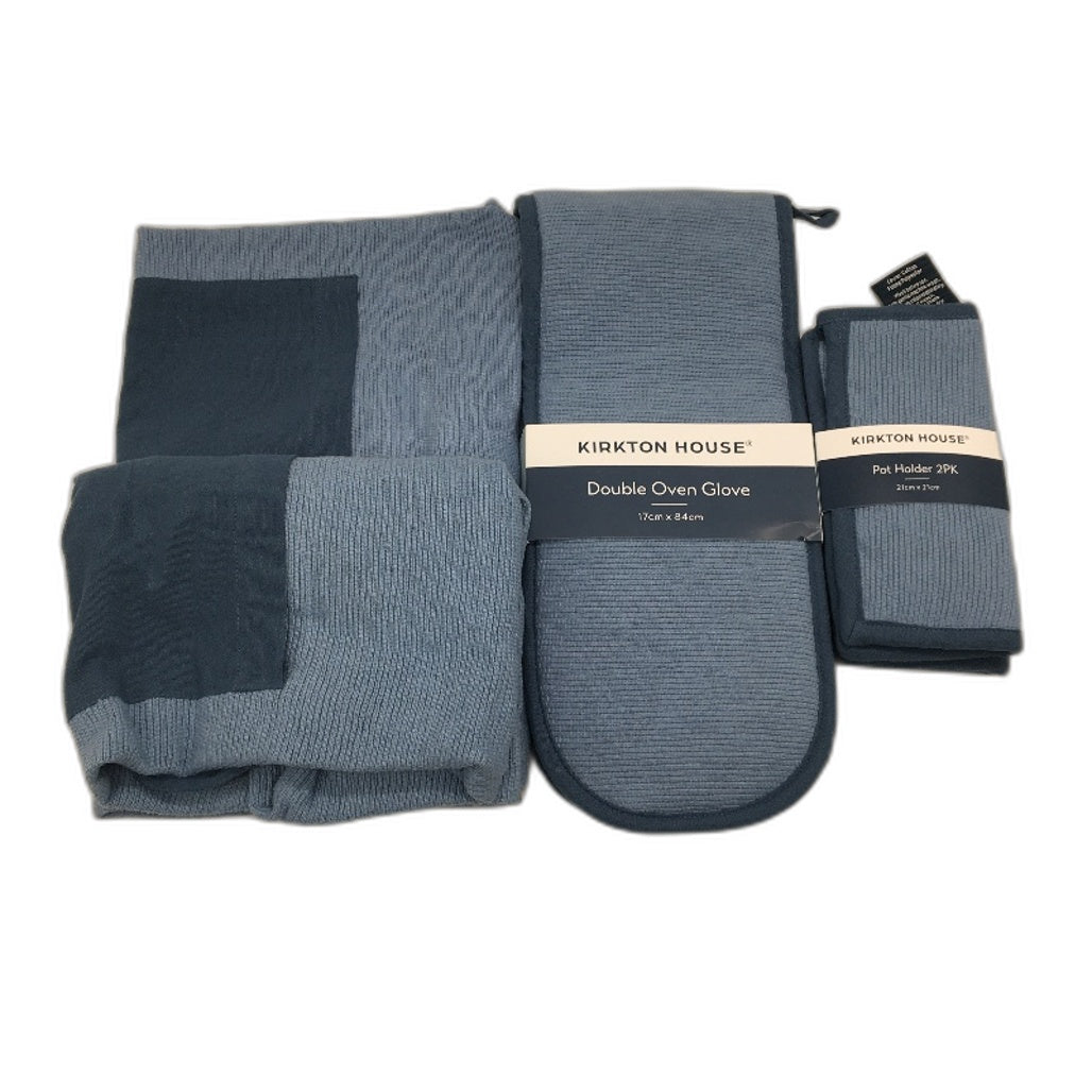 Kirkton House Blue 5 Piece Kitchen Pack Inc 2 x Aprons Pot Glove & Holders NEW