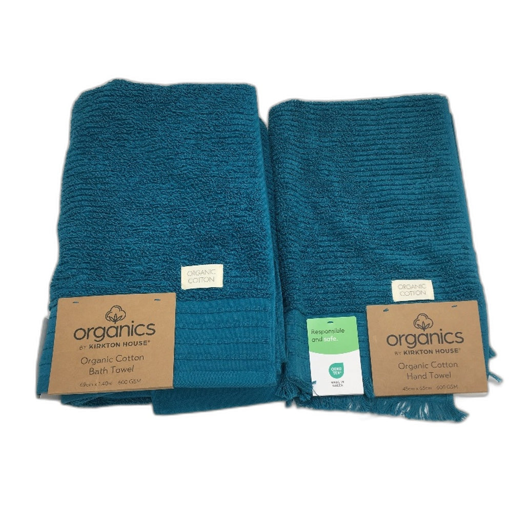 Kirkton House Teal 2 Piece Organic Cotton Bath & Hand Towel Matching Set NEW